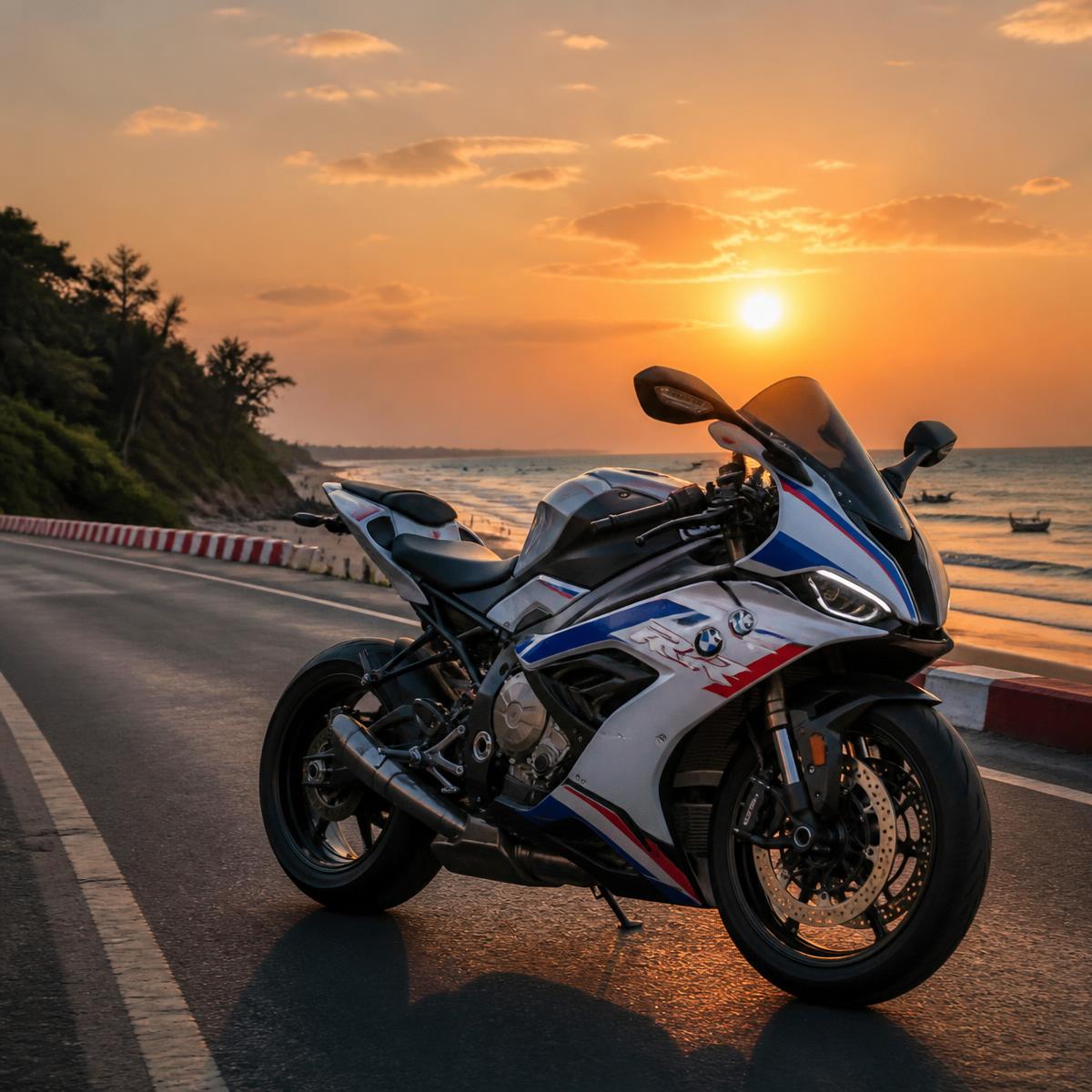 Motorbike parked on coastal marine drive road at sunset