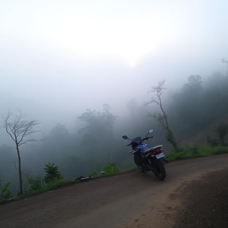 Foggy morning road winding through Sajek Valley