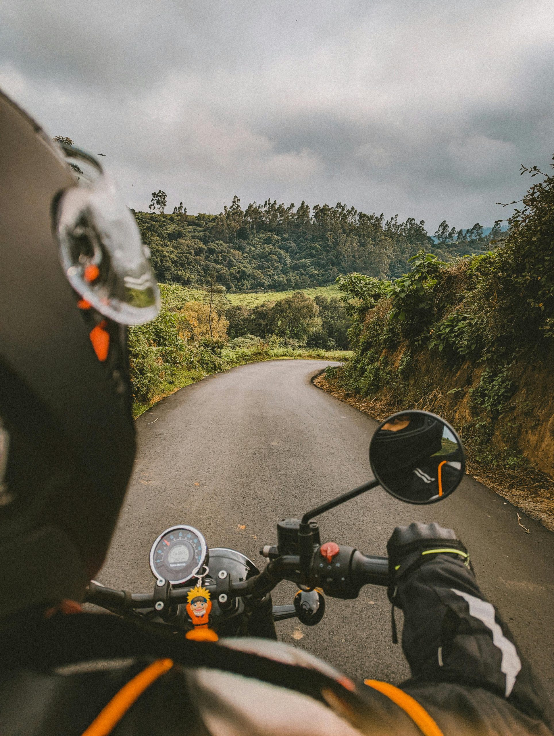 A motorcyclist in helmet rides through a winding countryside road, capturing a sense of freedom and adventure.